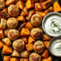 Traybake van kipgehaktballetjes en geroosterde wintergroenten met een frisse yoghurtdip