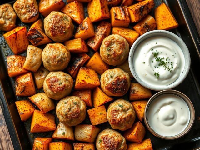Traybake van kipgehaktballetjes en geroosterde wintergroenten met een frisse yoghurtdip