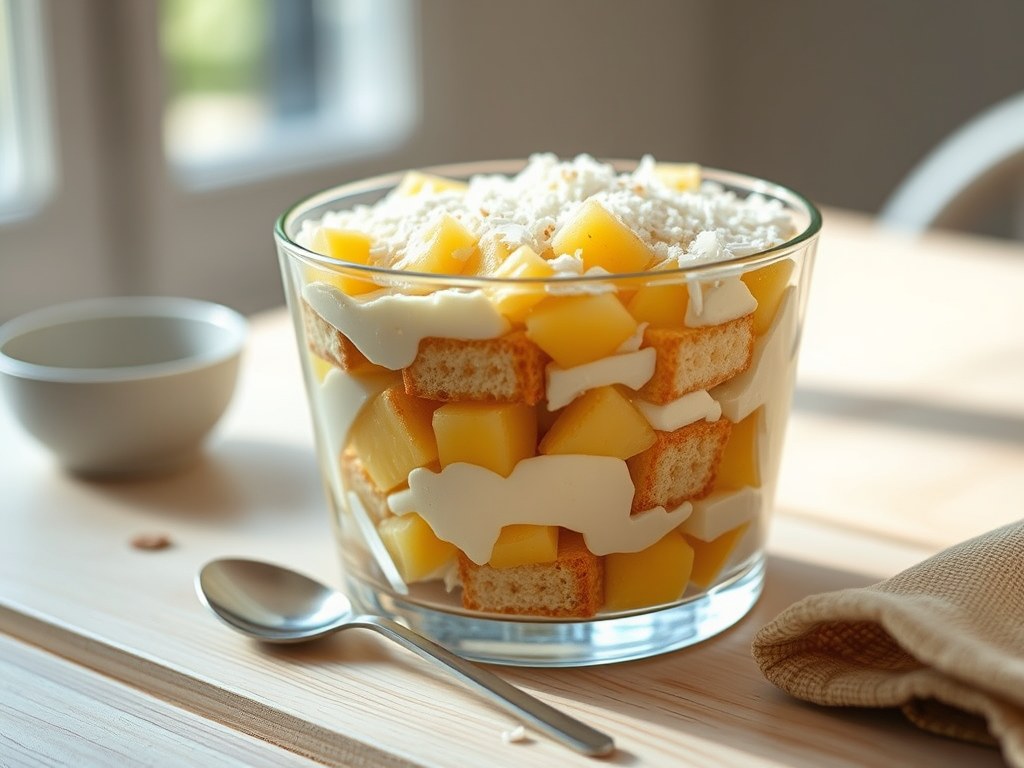 Tropische tiramisu, AI-gegenereerde illustratie