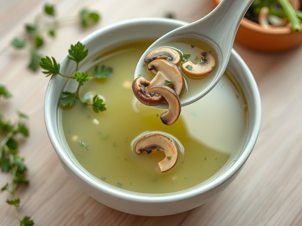 Tuinkruidensoep met champignons en bosuitjes, AI-gegenereerde illustratie