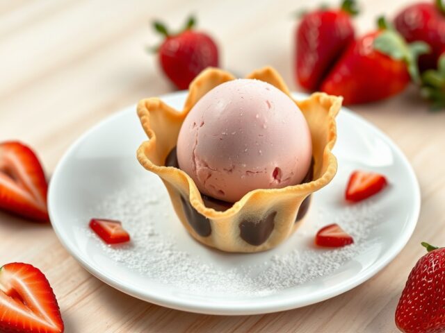 Tulpje gevuld met ganache en aardbeiensorbet