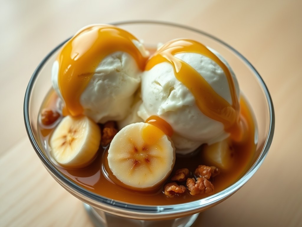 Vanilleroomijs met Frutesse appel-kaneel stroop, AI-gegenereerde illustratie