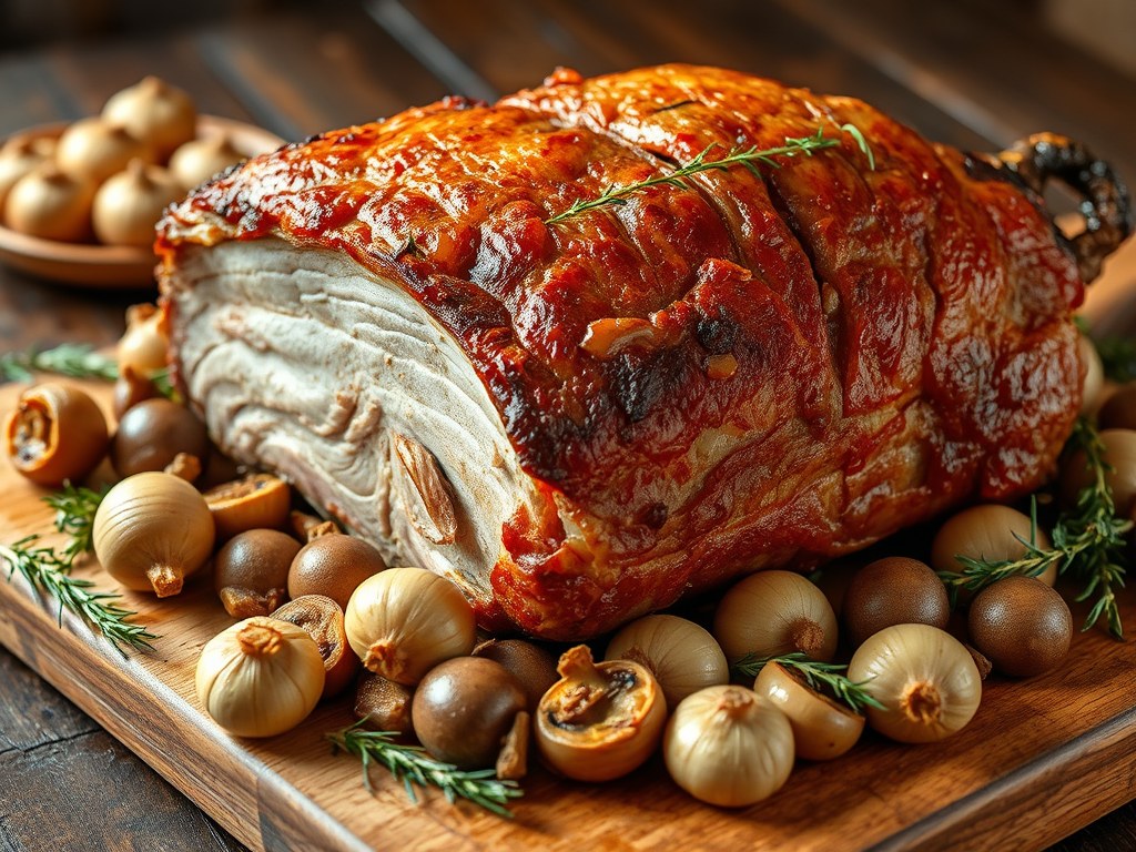 varkens braadstuk met 40 tenen knoflook, AI-gegenereerde illustratie