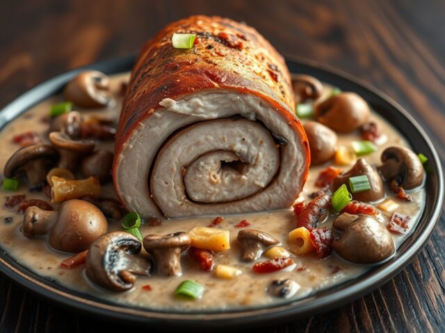 Varkens filetrollade met paddestoelensaus