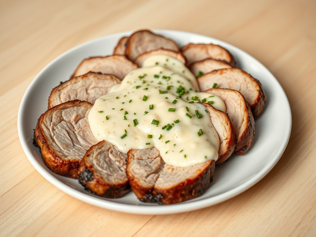 Varkensfilet met een passendale roomsaus, AI-gegenereerde illustratie