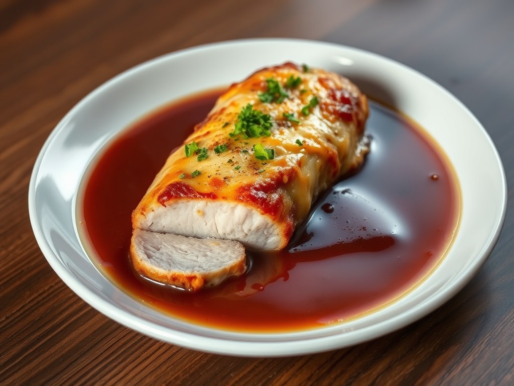 Varkenshaas met een korstje van Corsendonkse kaas en een saus van Belgisch bier, AI-gegenereerde illustratie