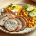 varkenshaas met paprika- rijst en komkommersalade
