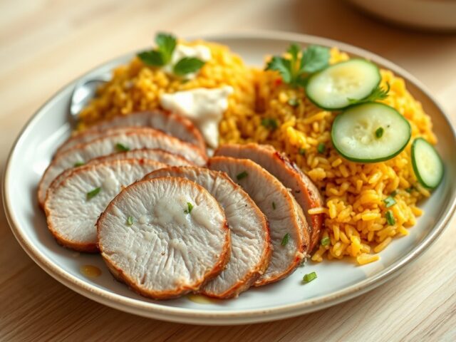 varkenshaas met paprika- rijst en komkommersalade