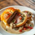 Varkenshaas met uienchampignonpuree in bladerdeeg