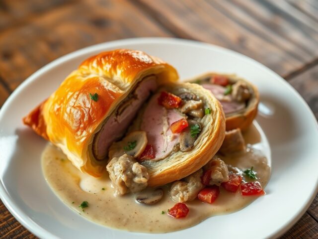Varkenshaas met uienchampignonpuree in bladerdeeg