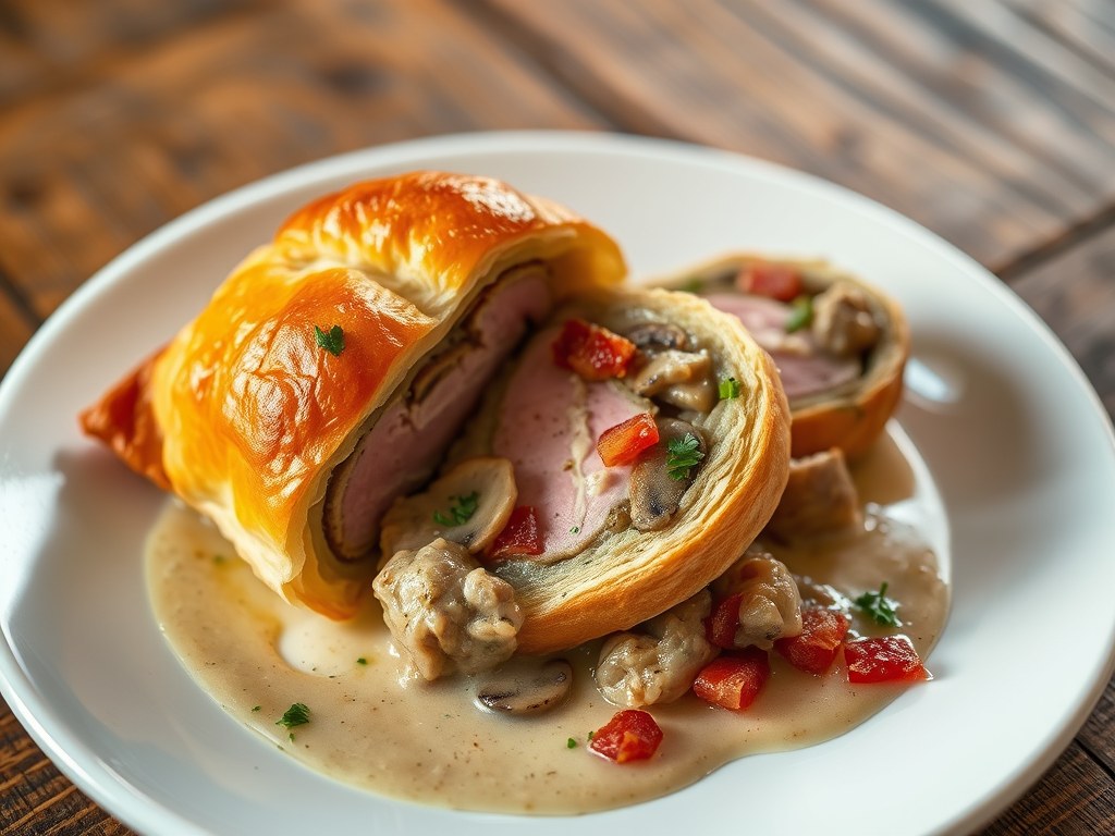 Varkenshaas met uienchampignonpuree in bladerdeeg, AI-gegenereerde illustratie