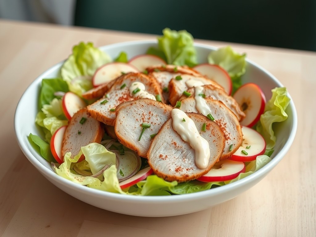 Varkenshaas salade met gorgonzoladressing, AI-gegenereerde illustratie