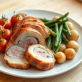 Varkenshaasje in een jasje van pancetta, met provençaalse tomaten, sperziebonen en aardappelen met peterselie