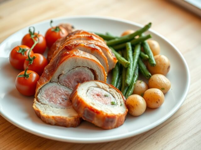 Varkenshaasje in een jasje van pancetta, met provençaalse tomaten, sperziebonen en aardappelen met peterselie