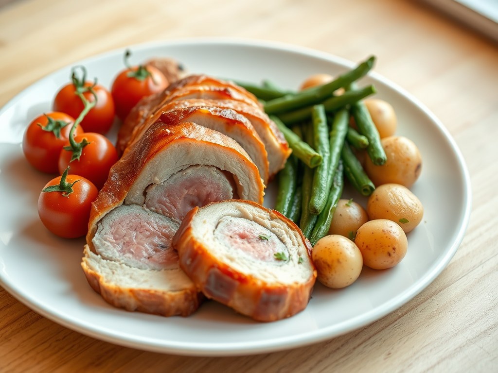 Varkenshaasje in een jasje van pancetta, met provençaalse tomaten, sperziebonen en aardappelen met peterselie, AI-gegenereerde illustratie