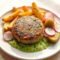 Vegetarische burger met erwtenpuree, bieslook en pickles