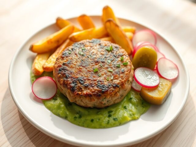 Vegetarische burger met erwtenpuree, bieslook en pickles