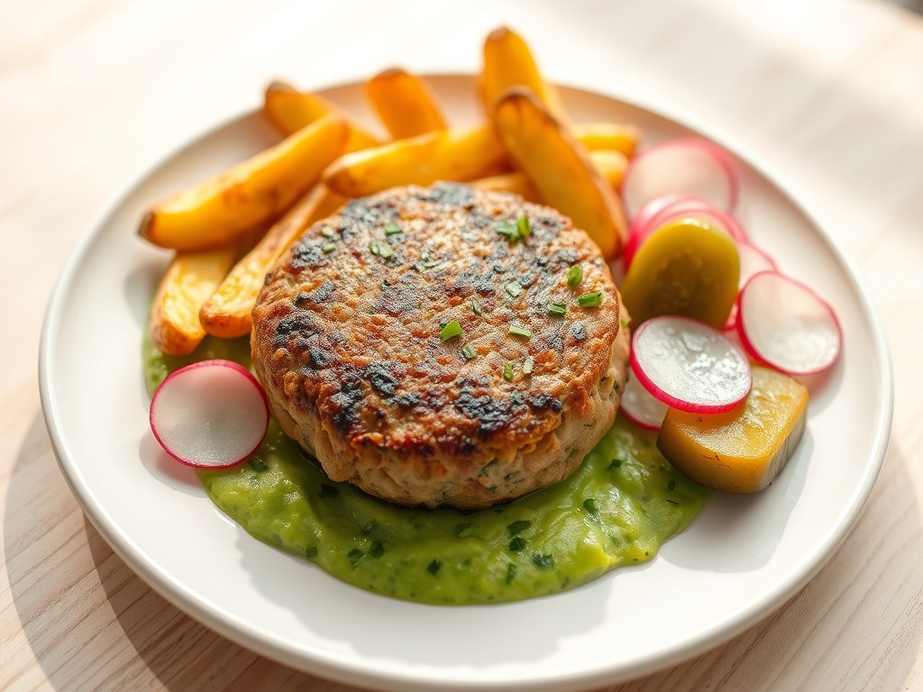 Vegetarische burger met erwtenpuree, bieslook en pickles, AI-gegenereerde illustratie