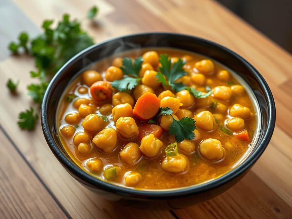 Vegetarische curry met kikkererwten en tuinbonen, AI-gegenereerde illustratie