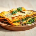 Vegetarische lasagne met filodeeg, paddenstoelen en groene kool