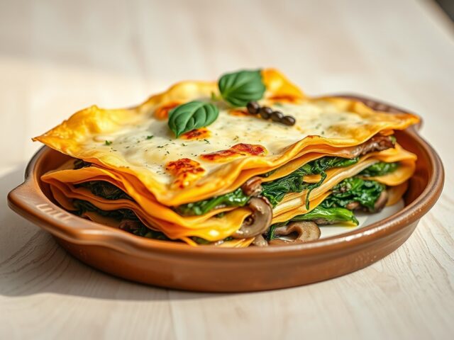 Vegetarische lasagne met filodeeg, paddenstoelen en groene kool