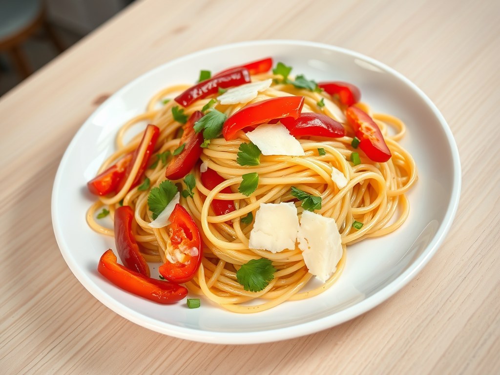 Vegetarische spaghetti, AI-gegenereerde illustratie