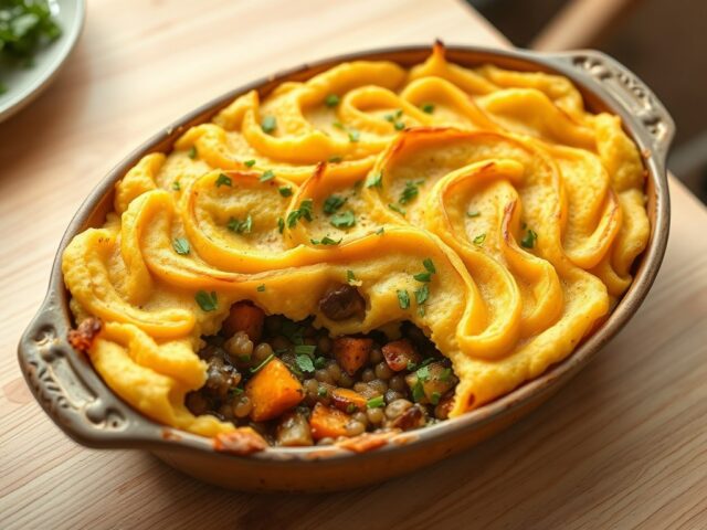 Veggie Parmentier met zoete aardappelen en geroosterde wintergroenten