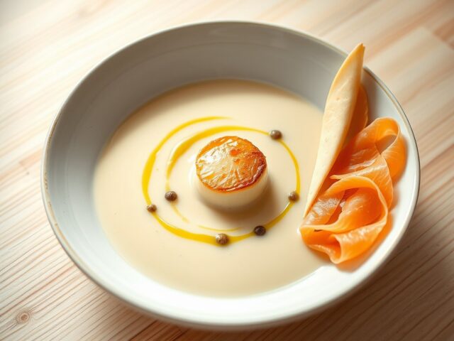 Velouté van prei met truffelolie gebakken coquille