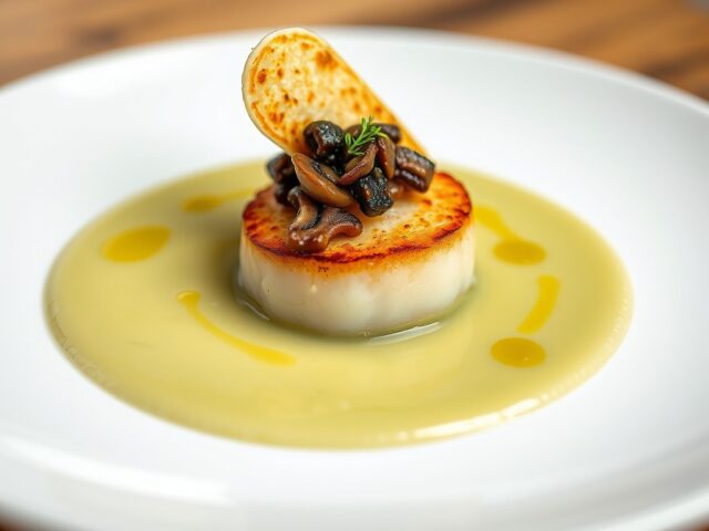 Velouta, coquille, duxelles en een tuille van oude kaas