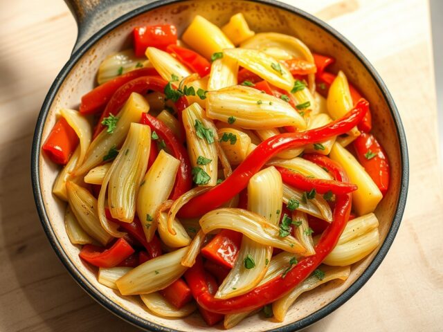 Venkel met rode paprika, geblust in Ricard