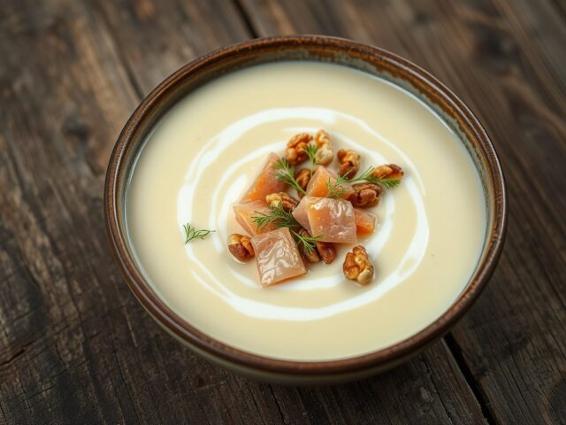 Venkelsoep met forel en noten:
