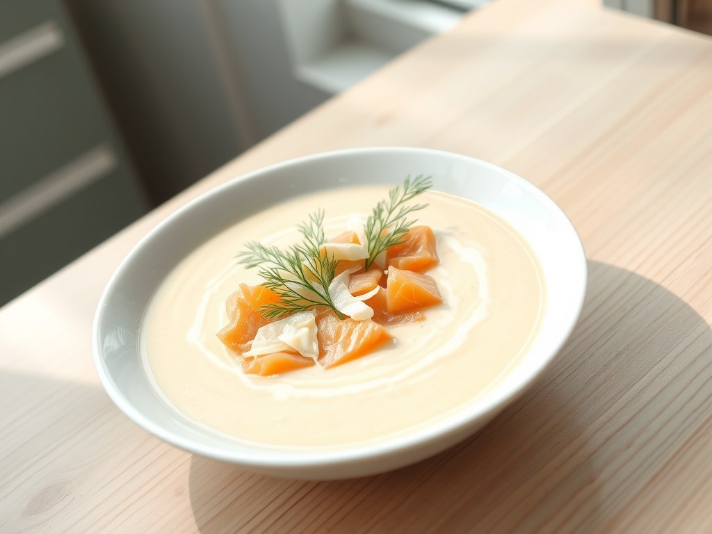 Venkelsoep met zalm en krab, AI-gegenereerde illustratie