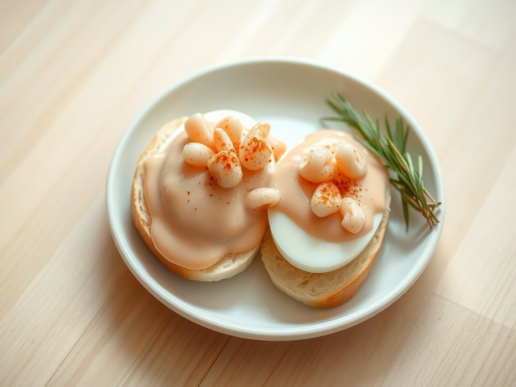 Verborgen gekookte eieren in cocktail-garnalensaus, AI-gegenereerde illustratie