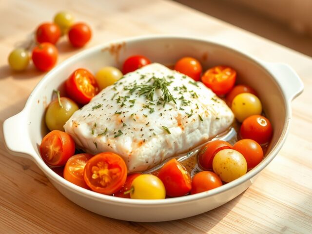 Verrassende ovenschotel met kabeljauw, druiven en tomaten