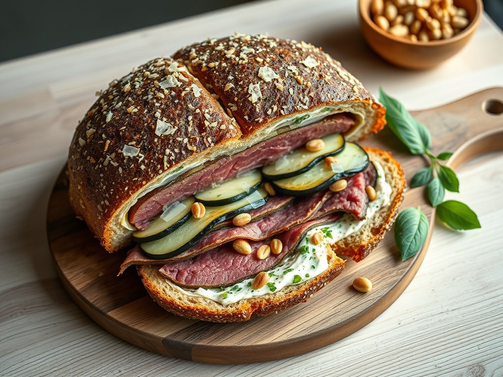 Verrassingsbrood met rosbief en groenten, AI-gegenereerde illustratie