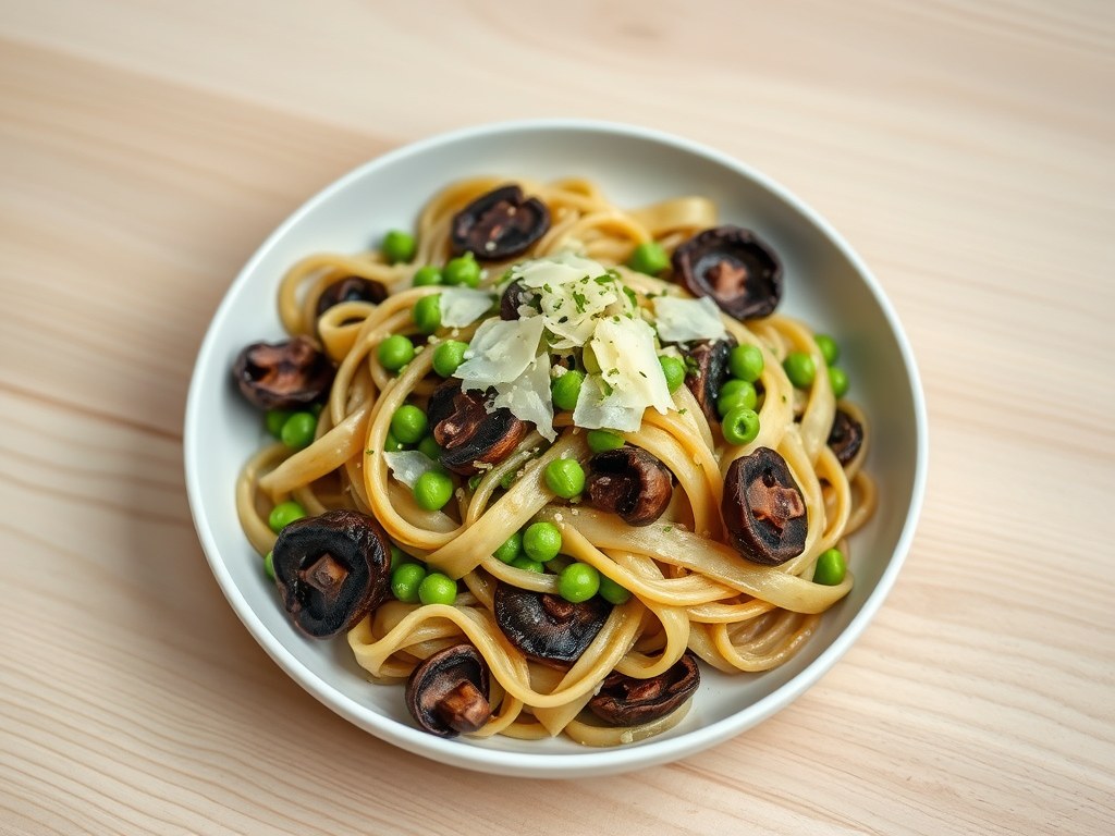 Verse morieljes met doperwten en Parmezaanse kaas Pasta Barolo, AI-gegenereerde illustratie