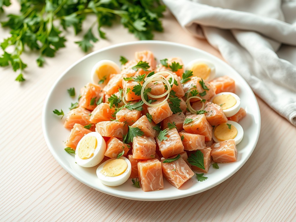 Verse zalmsalade met kruiden, AI-gegenereerde illustratie
