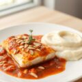 Vis in amandel-tomatensaus met purée citronné