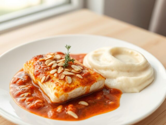 Vis in amandel-tomatensaus met purée citronné