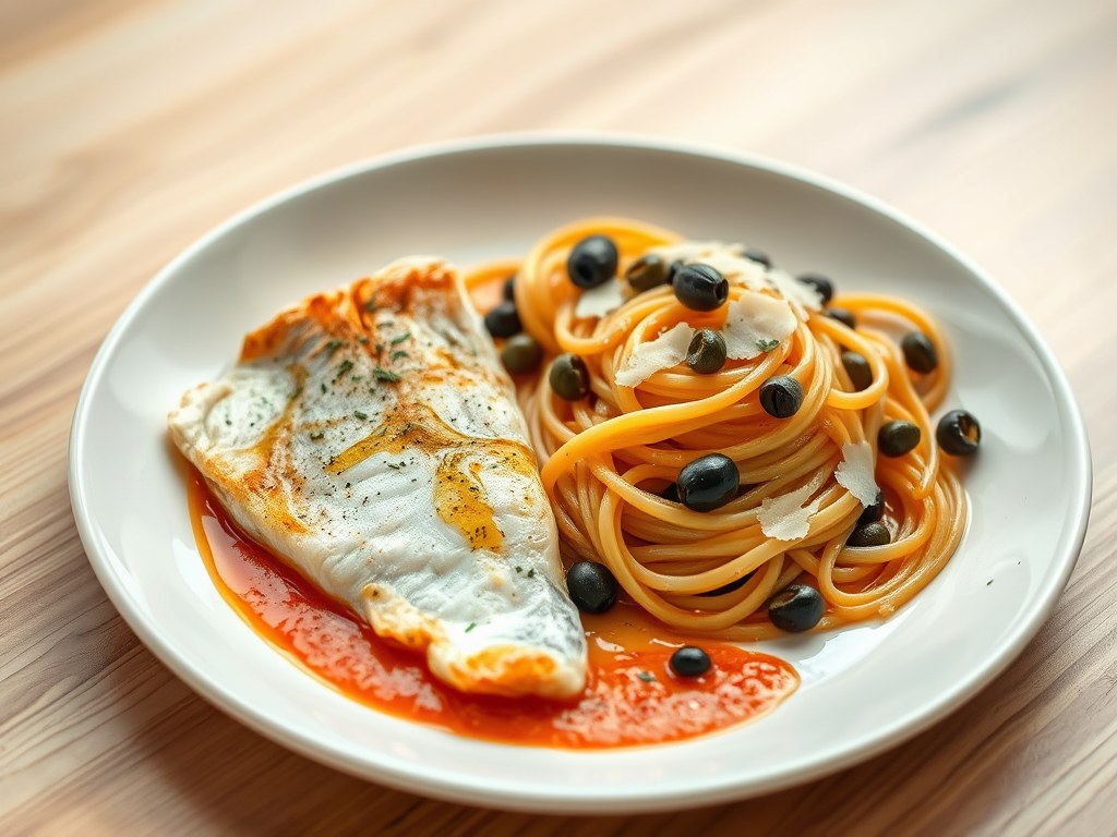 Visfilet uit de oven met knoflookspaghetti, AI-gegenereerde illustratie