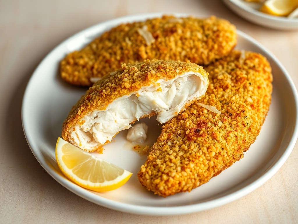 Visfilets met couscouskorst, AI-gegenereerde illustratie