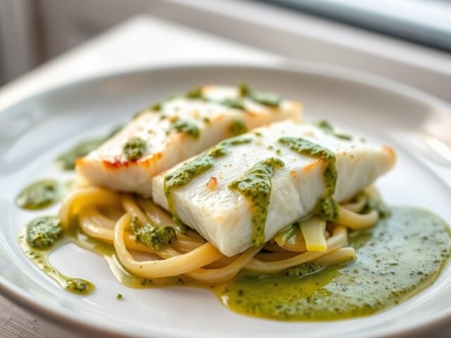 Visfilets met prei en pesto