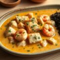 Vispannetje van garnalen en zalm met wilde rijst