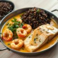 Vispannetje van garnalen en zalm met wilde rijst