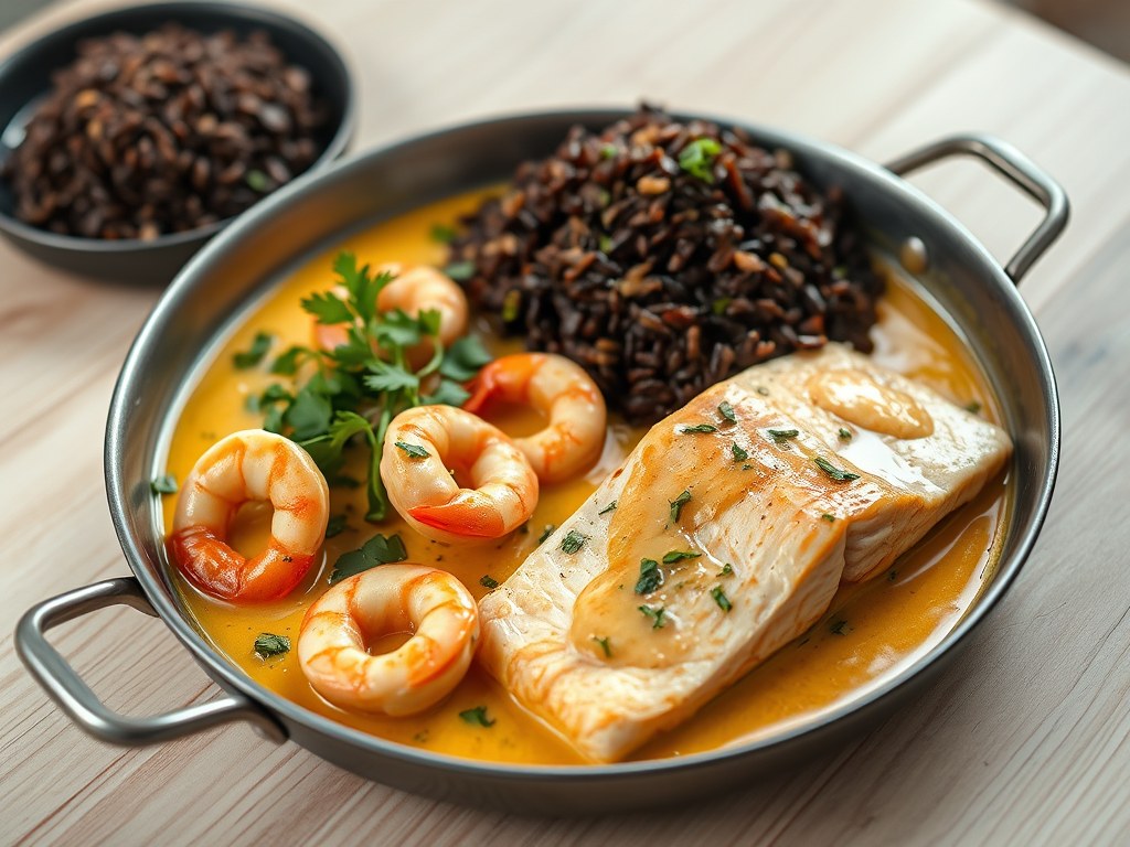 Vispannetje van garnalen en zalm met wilde rijst, AI-gegenereerde illustratie