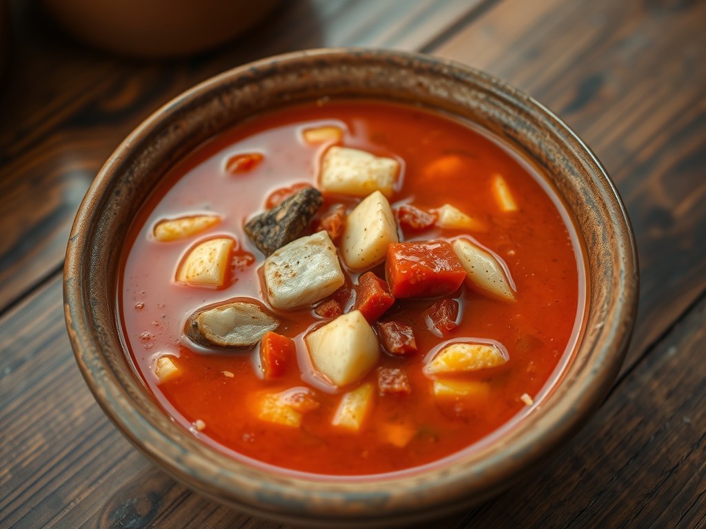 Vissoep met Tomaten (Spaans), AI-gegenereerde illustratie