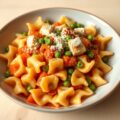 Vlindermacaroni met doperwtjes, wortel, gerookte kip