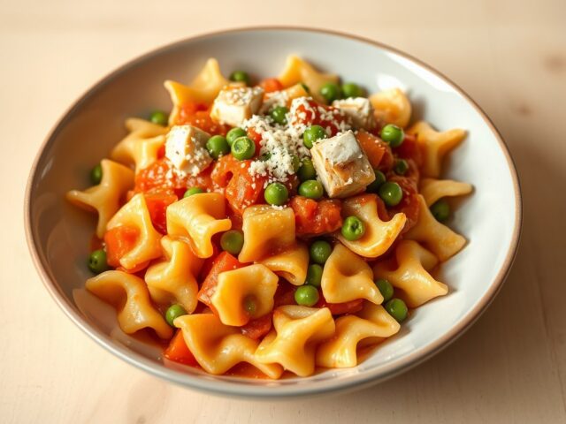 Vlindermacaroni met doperwtjes, wortel, gerookte kip