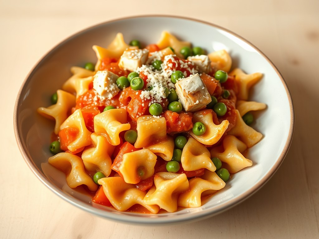 Vlindermacaroni met doperwtjes, wortel, gerookte kip, AI-gegenereerde illustratie