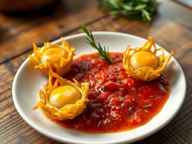 Vogelnestjes van kwarteleitjes met tomatensaus